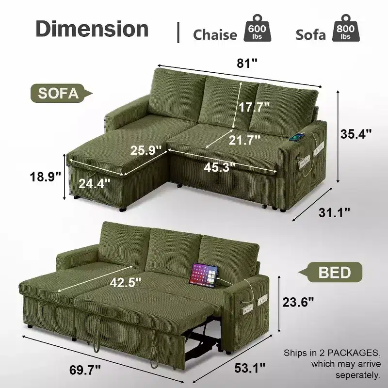 Dyonery 81 Sectional Sleeper Sofa, L-Shaped Pull Out Couch with Reversible Storage Chaise, USB, Reclining Backrest