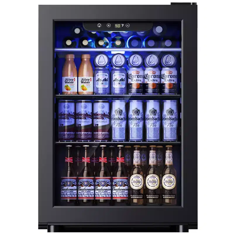 Simzlife 2.6 cu. ft./100 Cans Beverage Refrigerator, Mini Cooler with Blue LED, Digital Control, Air Cooled Frost Free, Black