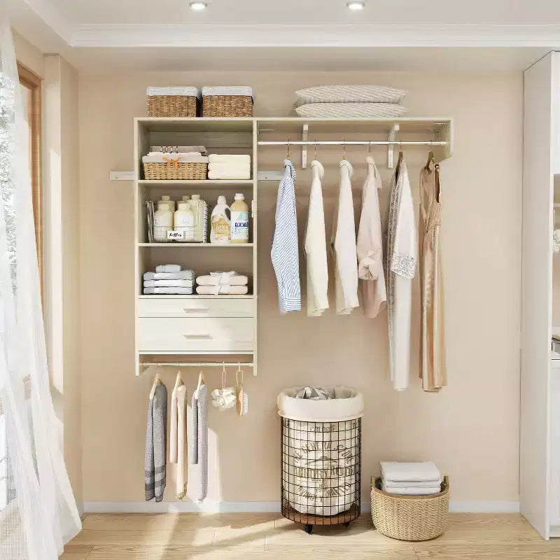 Closet Organizer System with Wood Drawers, Wall-mounted Laundry Room Storage Shelving