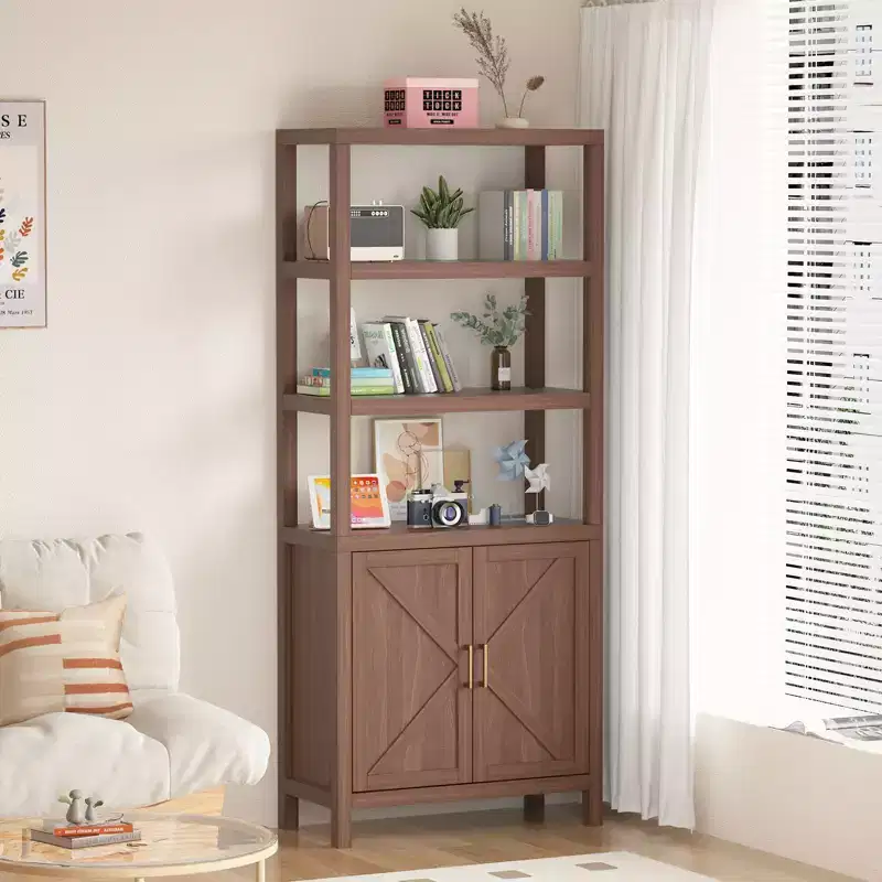 71 Tall 5 Tier Book Shelf, Boho Bookcase with Doors & Adjustable Storage Shelf, Large Display Shelf, Wooden Bookcase for Living Room Bedroom Kitchen
