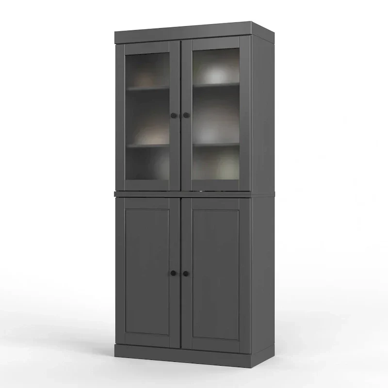 Armoire de rangement 100 % bois massif avec portes en verre dépoli, portes pleines, 2 tiroirs et étagères réglables.