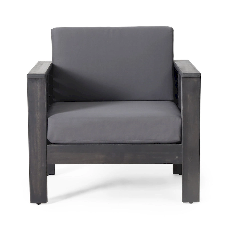 Quim Outdoor Club Chair, Shutter Slat Panel, Gray Acacia Wood, Gray Fabric