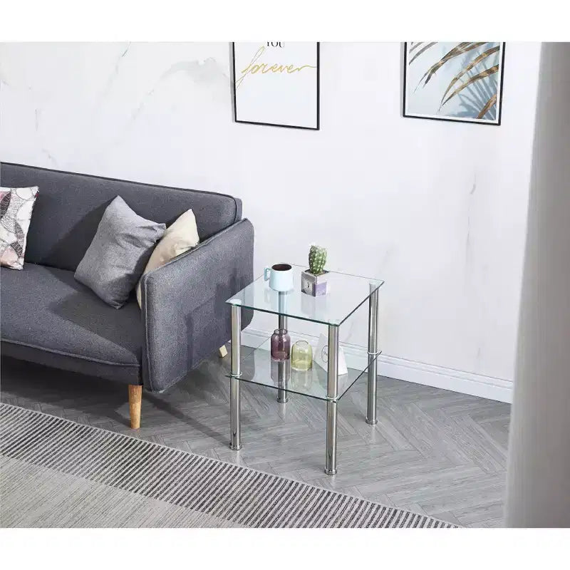 Set of 2 Clear Glass End Tables, 2-Tier Modern Nightstands with Storage Shelf for Living Room and Bedroom