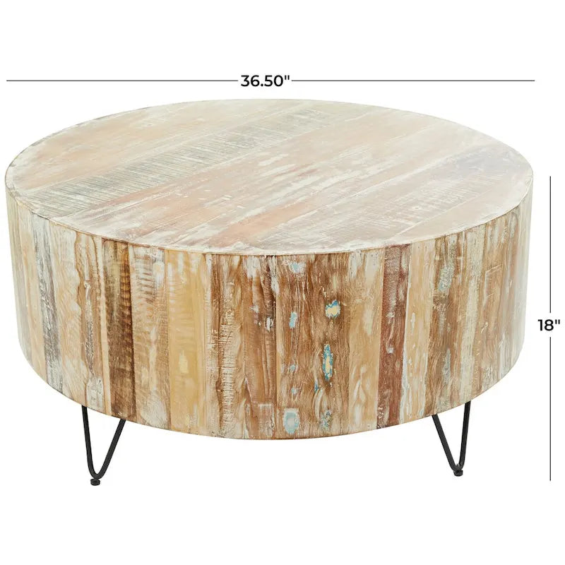 Handmade Mango Wood Distressed Coffee Table | Black Hairpin Legs | 36.5 Round | 100 lb