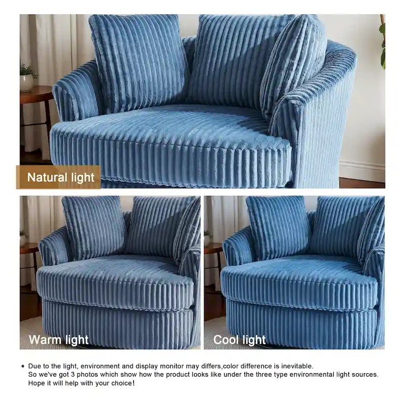 Fauteuil pivotant surdimensionné 43 W en velours côtelé pelucheux avec accoudoirs encastrés