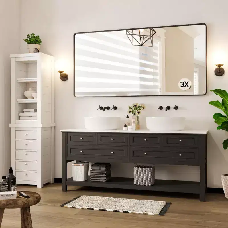 72x36 Black Metal Framed Bathroom Mirror with 3x Magnifying Glass, Horizontal/Vertical