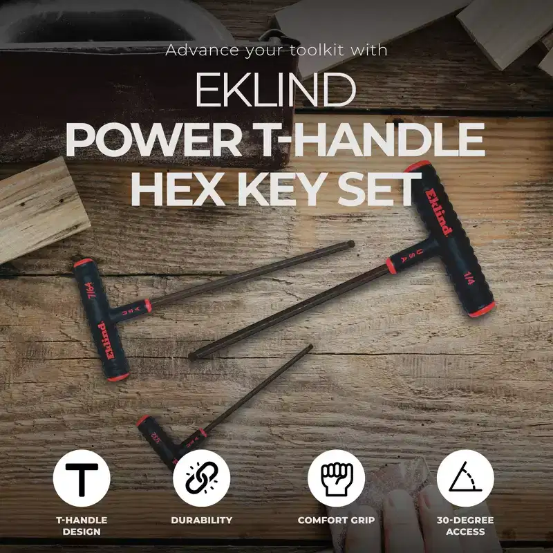 Eklind Tool 9 Piece Set Power T Handle Ball Hex Key Chrome Nickel Alloy Steel Allen Wrench with Textured Grip for Basic Home Repair and Improvement