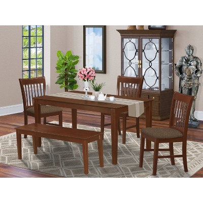 HomeStock 5-Piece Rectangle Mahogany Finish Solid Wood Top Dining Table with 2 Benches, 2 Chairs