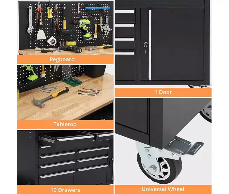 Coffre à outils roulant de 155 cm (61 po) avec 10 tiroirs et établi intégré, multiprise, plateau en bois d'hévéa massif, capacité de charge de 760 kg (1 675 lb), robuste et mobile.