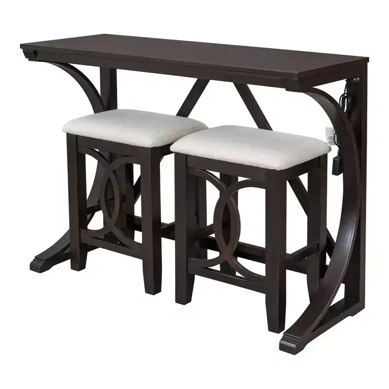 Farmhouse 3-Piece Counter Height Dining Table Set with USB Port and Upholstered Stools-ModernLuxe