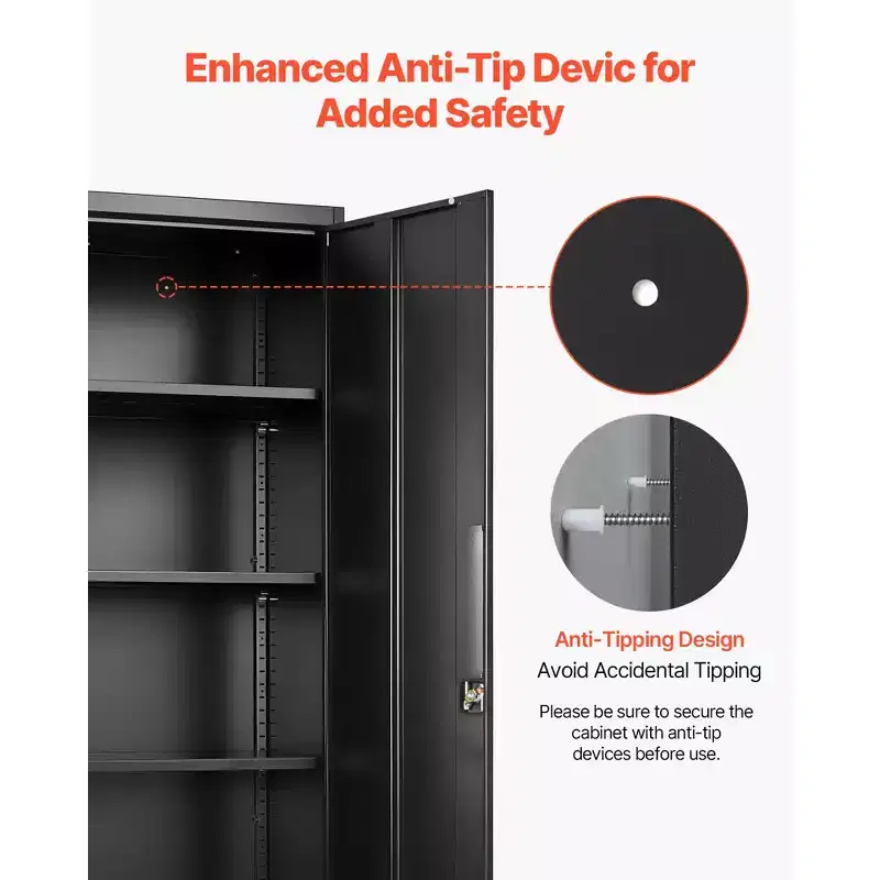 Armoire de rangement métallique VEVOR, 175 cm (68,9 po), armoire de garage verrouillable en acier avec 4 étagères réglables, 2 portes magnétiques, 2 clés, 5 niveaux de rangement pour outils, noire