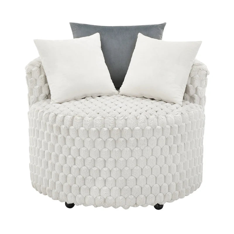Off White 3D Upholstered Barrel Accent Chair with Wheels