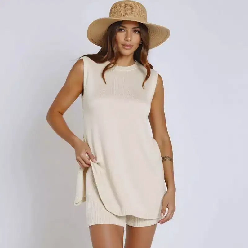 Knit & Lounge Womens Sleeveless Knit Top and Shorts Lounge Set Relaxed Fit Ribbed Texture Set
