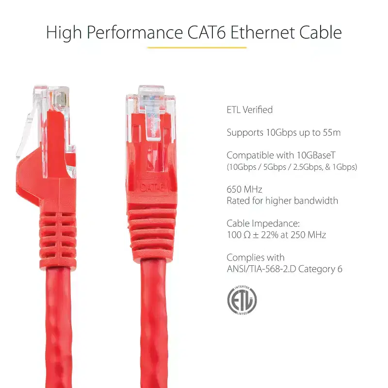 StarTech 3 ft Red Cat 6 Network Patch Cable - N6PATCH3RD - Data and Networking Cables