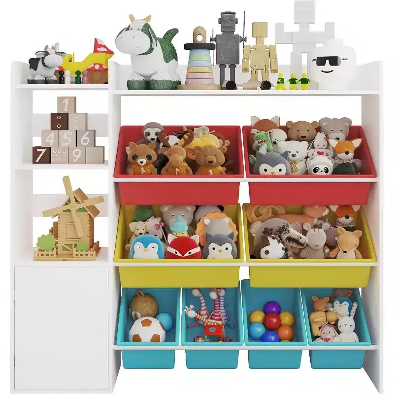 Childrens Wooden Toy Organizer with 8 Bins & 3 Shelves,Storage Bookshelf for Toys,Books,Games,and Crafts,Playroom Organization Bookcase