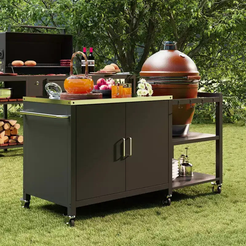 Famapy Outdoor Dining Tables BBQ Grill Table with Storage Cabinet, Black Steel Frame Bar Cart Kitchen Table