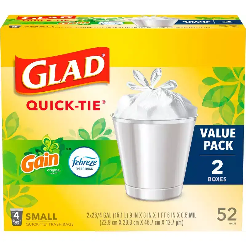 Glad Small Quick Tie Trash Bags - Gain Original - 4gal/52ct: Odor Control, Sized to Fit Specific Trash Cans