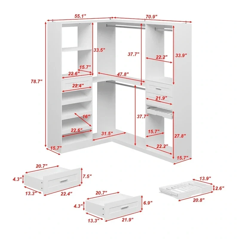 Armoire d'angle avec 2 tringles, un porte-pantalons et un meuble de rangement pour chaussures
