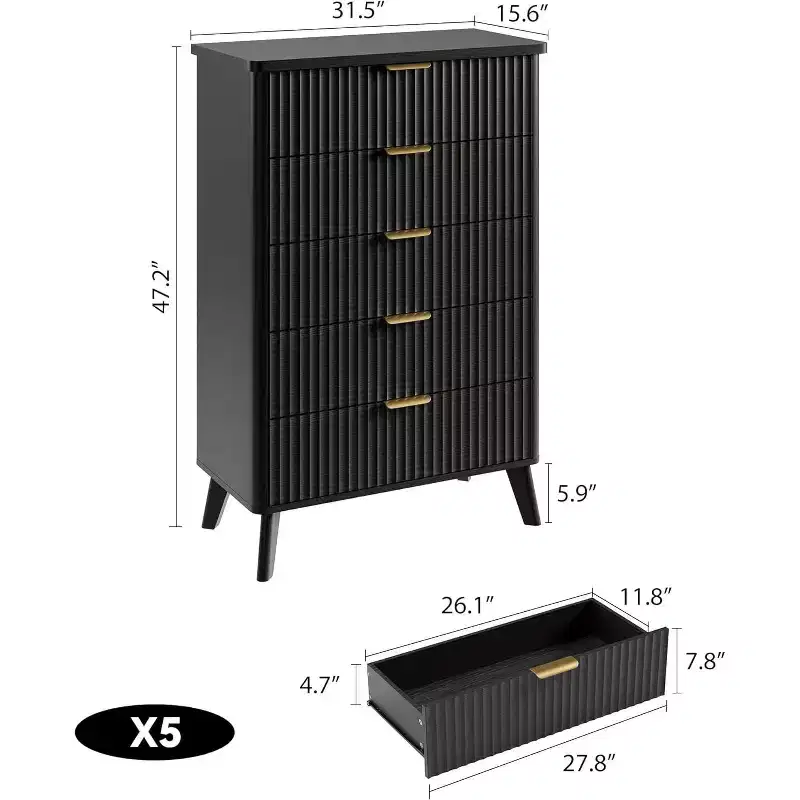 Fluted Dresser for Bedroom with 5 Deep Drawers, Tall Chest of Drawers, Curved Profile Design, Modern Wooden Dresser, for Living Room, Hallway