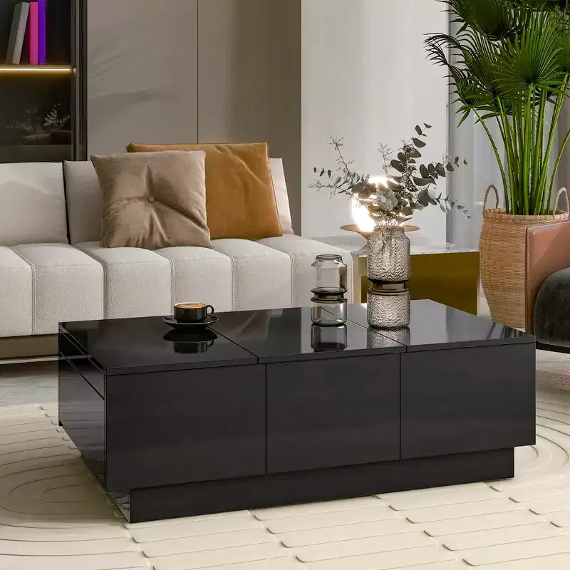 Extendable Rectangular Cocktail Table with 4 Drawers, Hidden Storage & Sliding UV High-Gloss Top