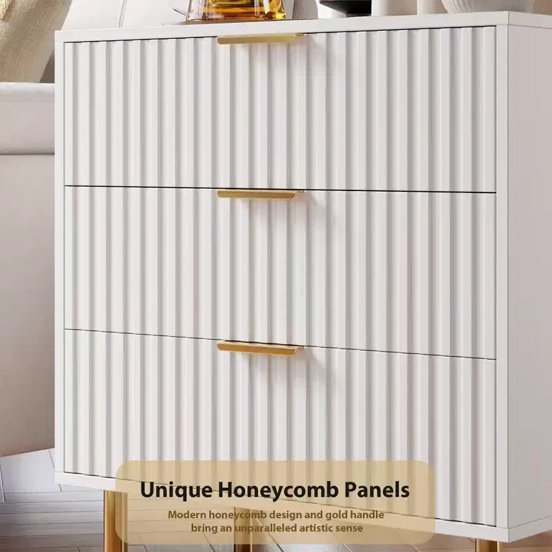 Fluted 3-Drawer Wood Dresser, with Golden Handles for Bedroom, White