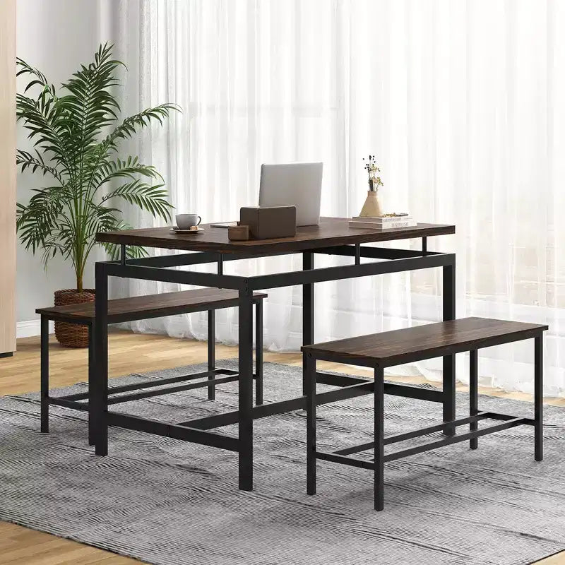 Costway 3 PCS Dining Table Set for 4 w/ 43 Wooden Kitchen Table 2 Benches Metal Frame