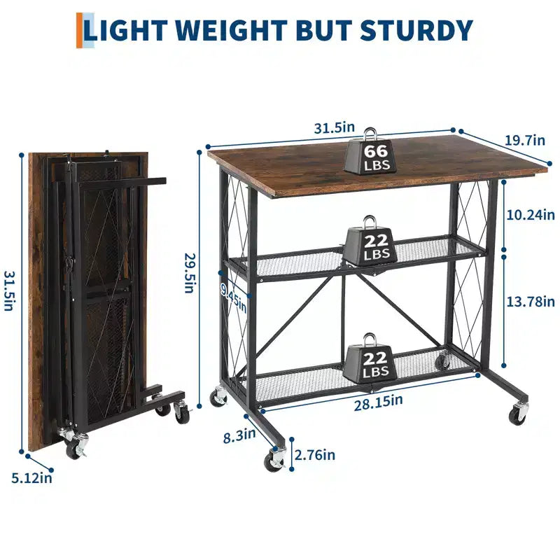 31.5 Inch 3 Tier Foldable Desk with Wheels, Large Capacity Shelving Unit, No Assembly Organizer Rack, for Kitchen, Living Room