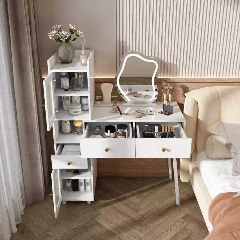 LED Mirror Vanity Tables, White Vanity with 3 Drawers, 2 Shelves, 4 Hidden Cabinets (Glass Doors), 3 Light Modes, for Bedroom or Living Room