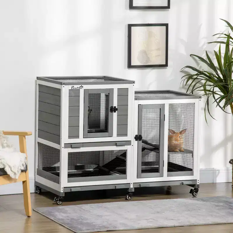 PawHut Three Story Rabbit Hutch, Indoor Wooden Rabbit Cage Bunny Hutch with Runs, Wheels, Waterproof Roof and Removable Tray, Gray