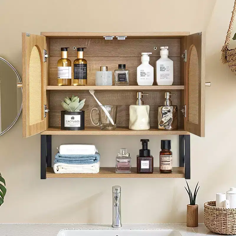 Bathroom Wall Cabinet with 2 Doors, Adjustable Shelf & Open Partition – Brown