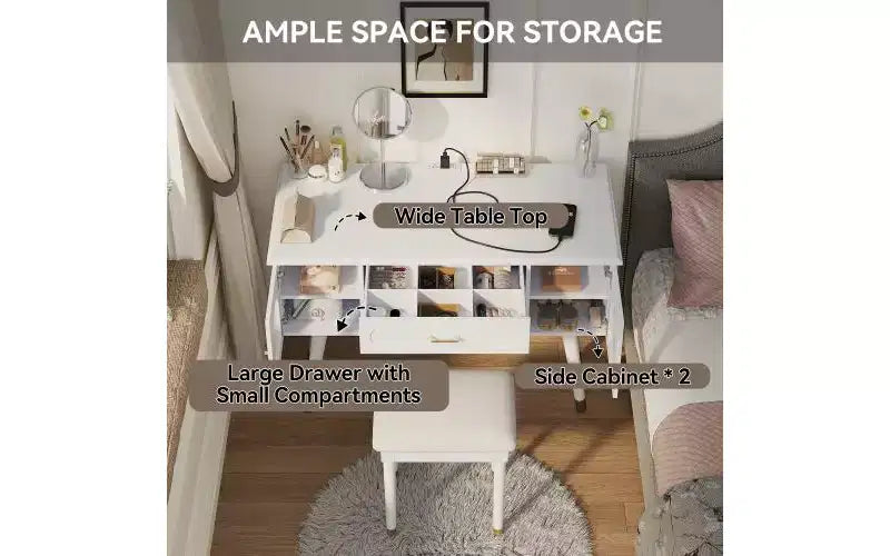 JVNOXK Modern Elegant Dressing Chair Set with Storage Rack, Desk, and Charging Ports Carved Bougainvillea Glass Cabinet Doors, White