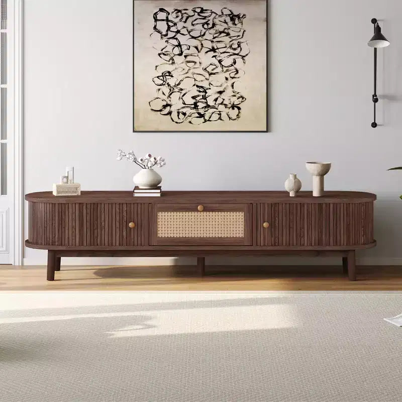 Modern 75 TV Stand with Rattan Drawer & Sliding Doors, Stylish Media Console Wood Entertainment Center with 2 Storage Cabinets, Dark Brown - HABITRIO