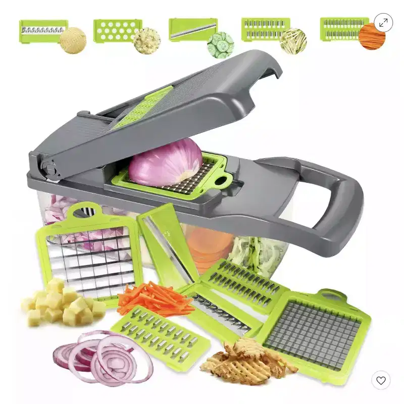 All-In-One Vegetable Chopper & Meal Prep Container Multifunctional Food Chopper for Potato, Tomato and Veggie with 7 Blades and Strainer Basket