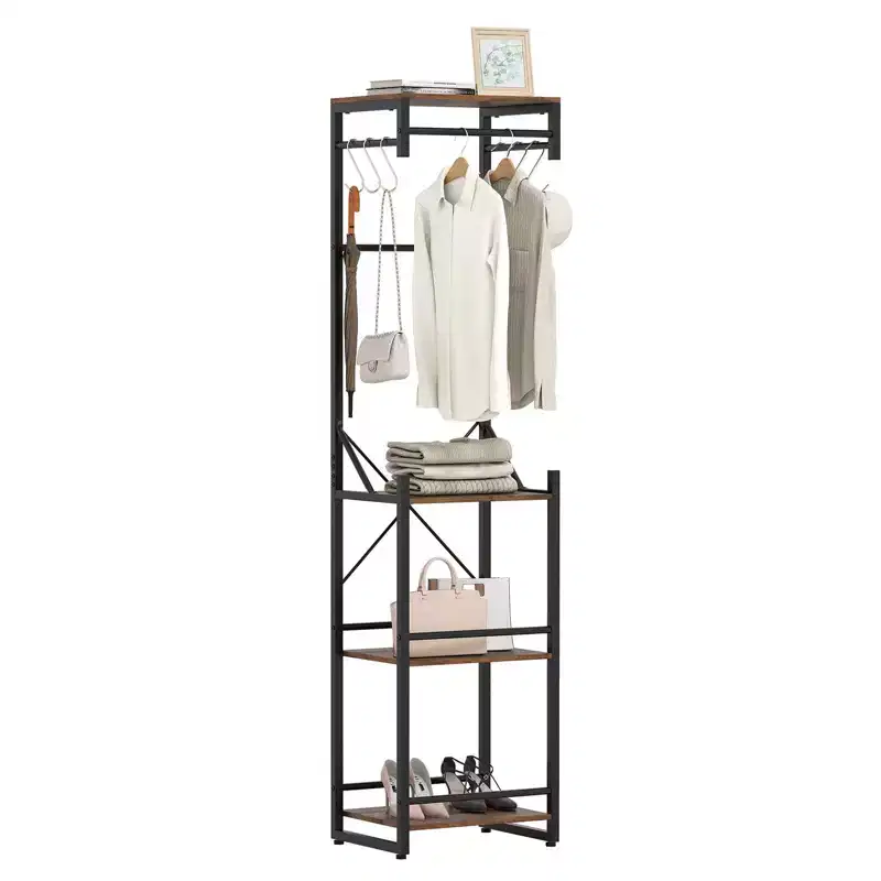 Freestanding Coat Rack with 4 Storage Shelves 6 Hooks & 3 Hanging Rods for Entryway
