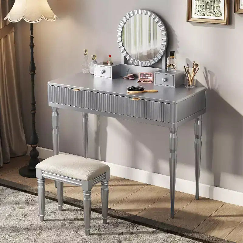 Retro Vanity Desk with Height-Adjustable Round Mirror, Faux Leather Stool & 4 Drawers