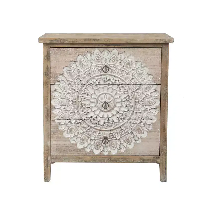 LuxenHome 3-Drawer 28.2 H x 25.2 W Natural Wood White Floral Accent Chest. Brown
