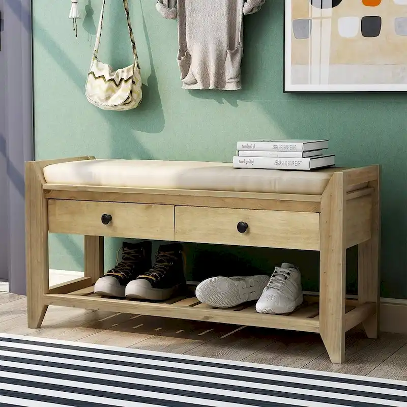 Wooden Storage Bench with Shoe Rack and Drawers