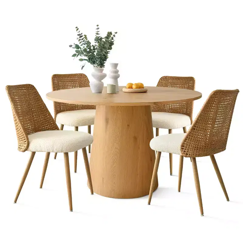5-Piece Round Dining Table Set, 46 Pedestal Table with 4 Rattan Back Boucle Upholstered Chairs, Coastal Farmhouse Dining Room Set-Panipeachy