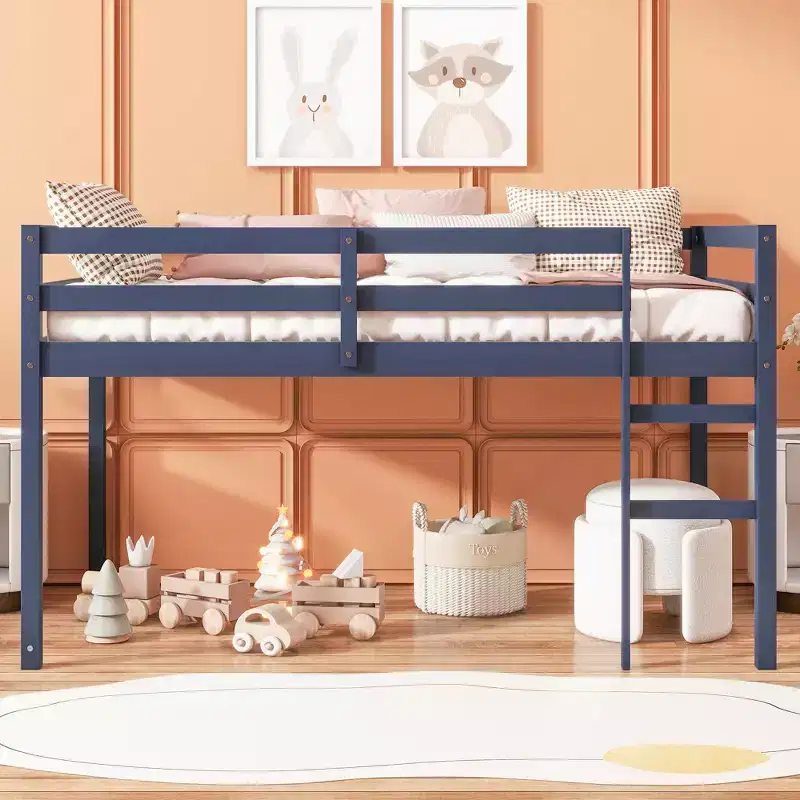 MAYEERTY Twin Loft Bed Solid Rubber Wooden with Ladder Bed Platform of Strengthened Slats Blue