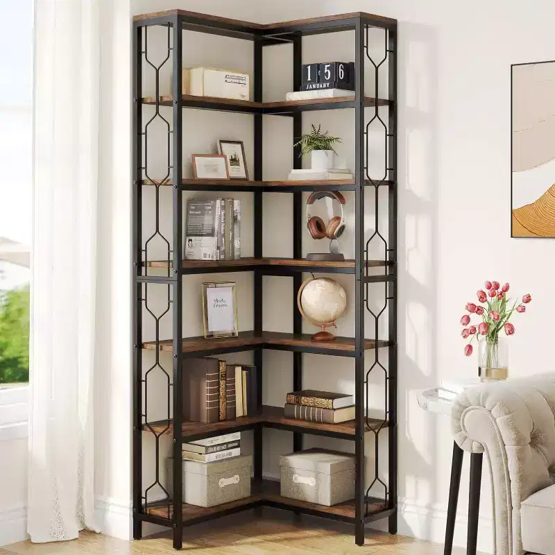 LITTLE TREE 78.74" 7 Tier Corner Bookshelf Wood Rustic Brown
