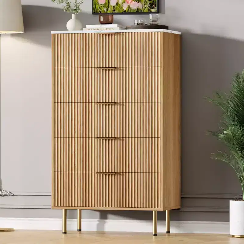 White / Marble & Wood 5-Drawer Dresser �C Fluted Panel, for 1 Person Use