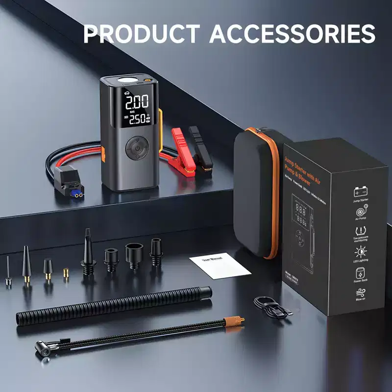 Portable Car Jump Starter with Tire Inflator, LCD Display and USB Charger