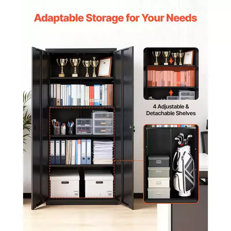 Armoire de rangement métallique VEVOR, 175 cm (68,9 po), armoire de garage verrouillable en acier avec 4 étagères réglables, 2 portes magnétiques, 2 clés, 5 niveaux de rangement pour outils, noire