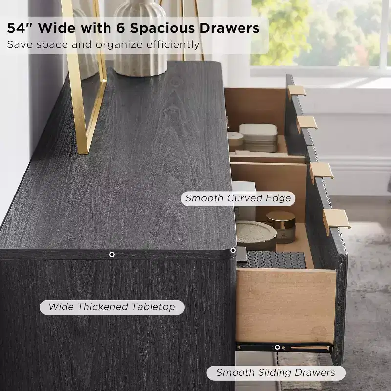 Fluted 6-Drawer Dresser with Metal Handles, Curved Profile, Wood Storage Organizer, 54W
