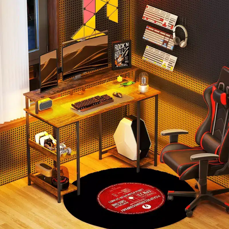 47 Inch Computer Desk with Charging Station and RGB Lights Reversible Study Desk with Monitor Stand