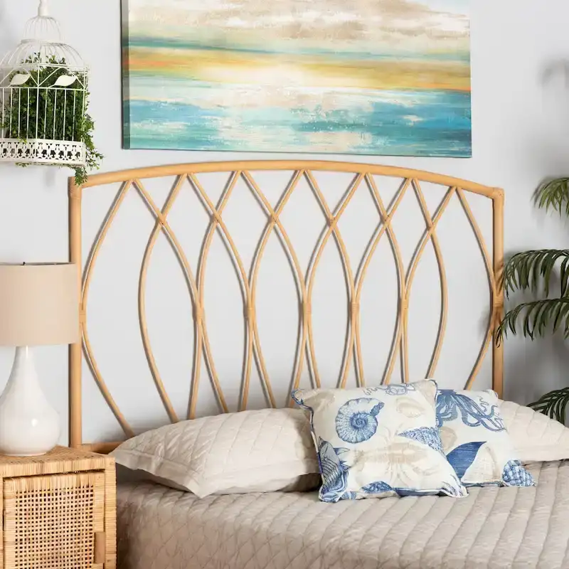 Queen Bohemian Natural Rattan Wall-Mountable Headboard, Handcrafted, Bamboo Embellishments, 63.8