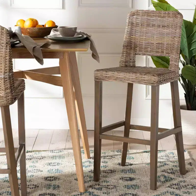 bali & pari Magy Rattan and Mahogany Wood Barstool Kubu Gray/Rustic Taupe