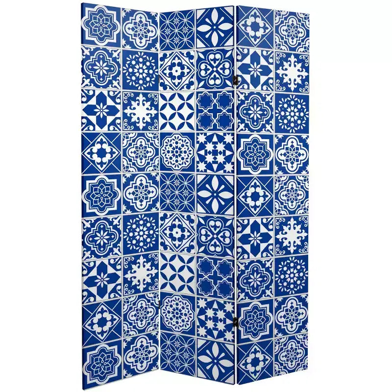Oriental Furniture 6" Double Sided Tile Canvas Room Divider Blue: Indoor Privacy Screen, No Assembly Required
