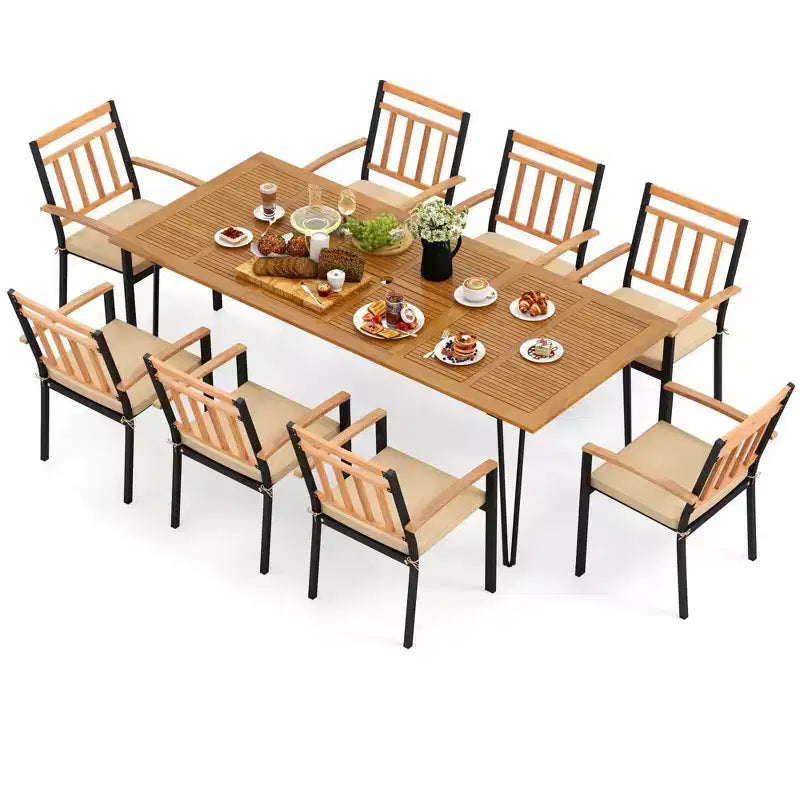 Costway 9 PCS Patio Dining Set with 8 Chairs Acacia Wood Table Top Umbrella Hole for Yard