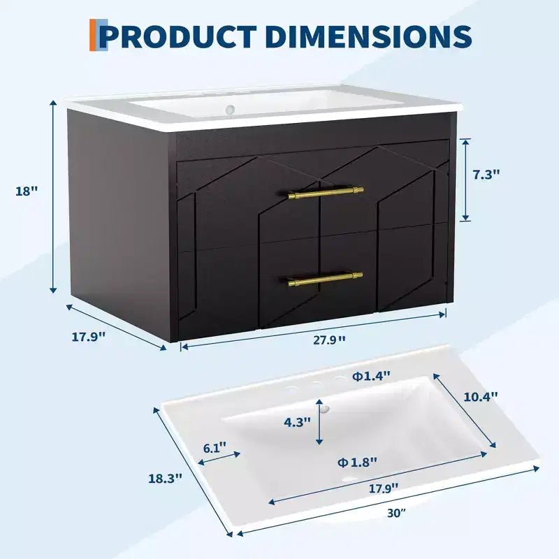 Modern Floating Bathroom Vanity Set with Basin - Wall-Mounted Cabinet with Soft-Close Storage Drawer and Gold Handle, 24 or 30 Size